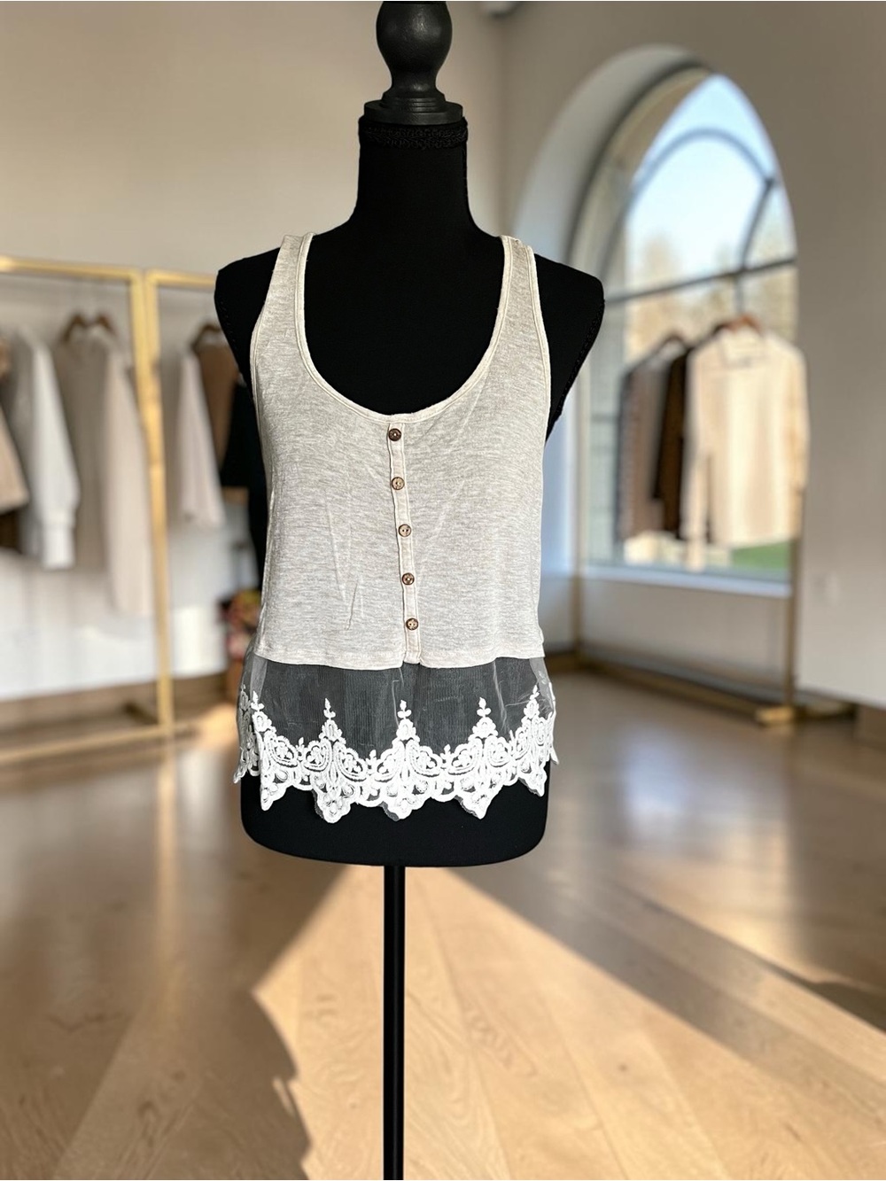 Cream Lace-Hem Button Front Tank Top